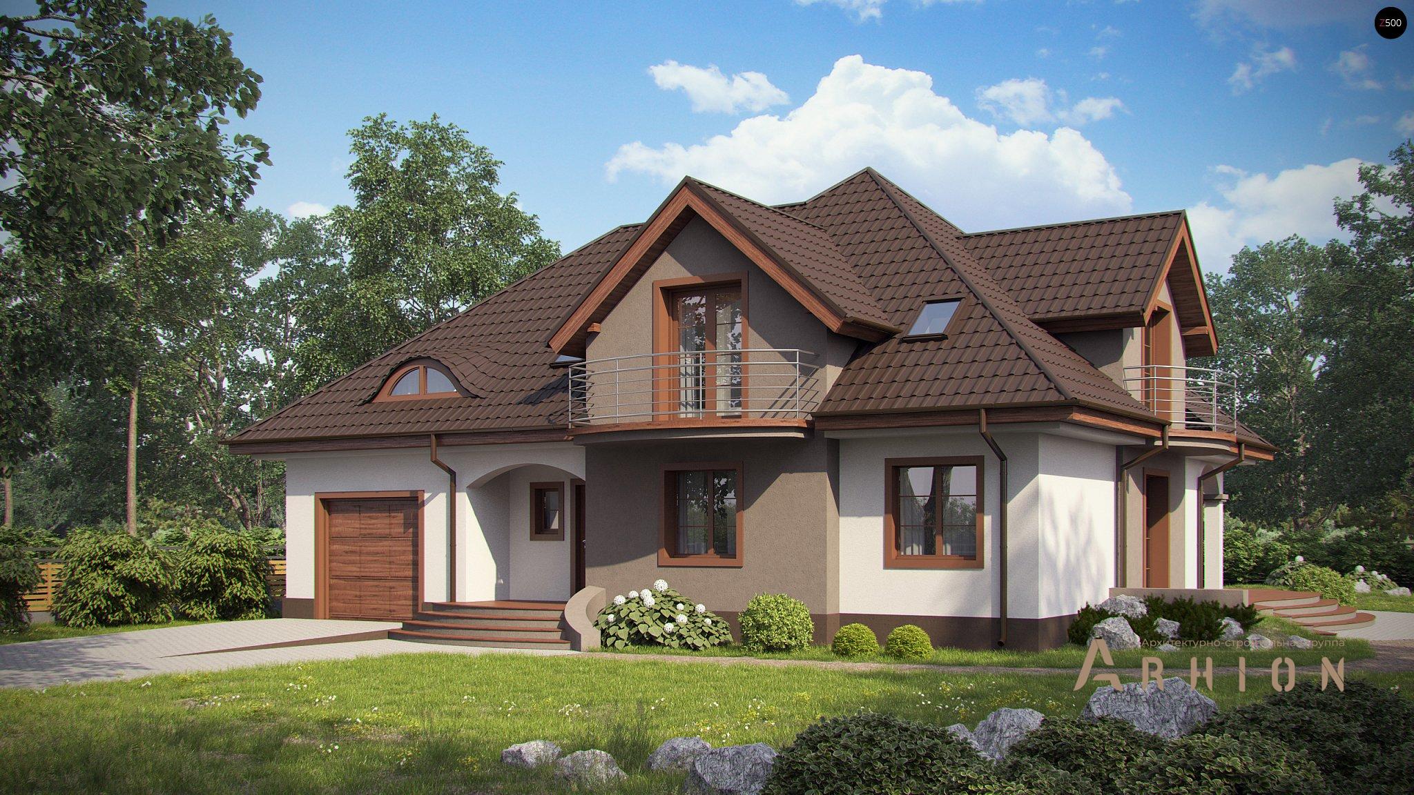 1. Проект одноэтажного дома в скандинавском стиле с многоскатной кровлей, Z18 GL bk, площадью - 262 кв c мансардой, терассой, балконом, гаражом